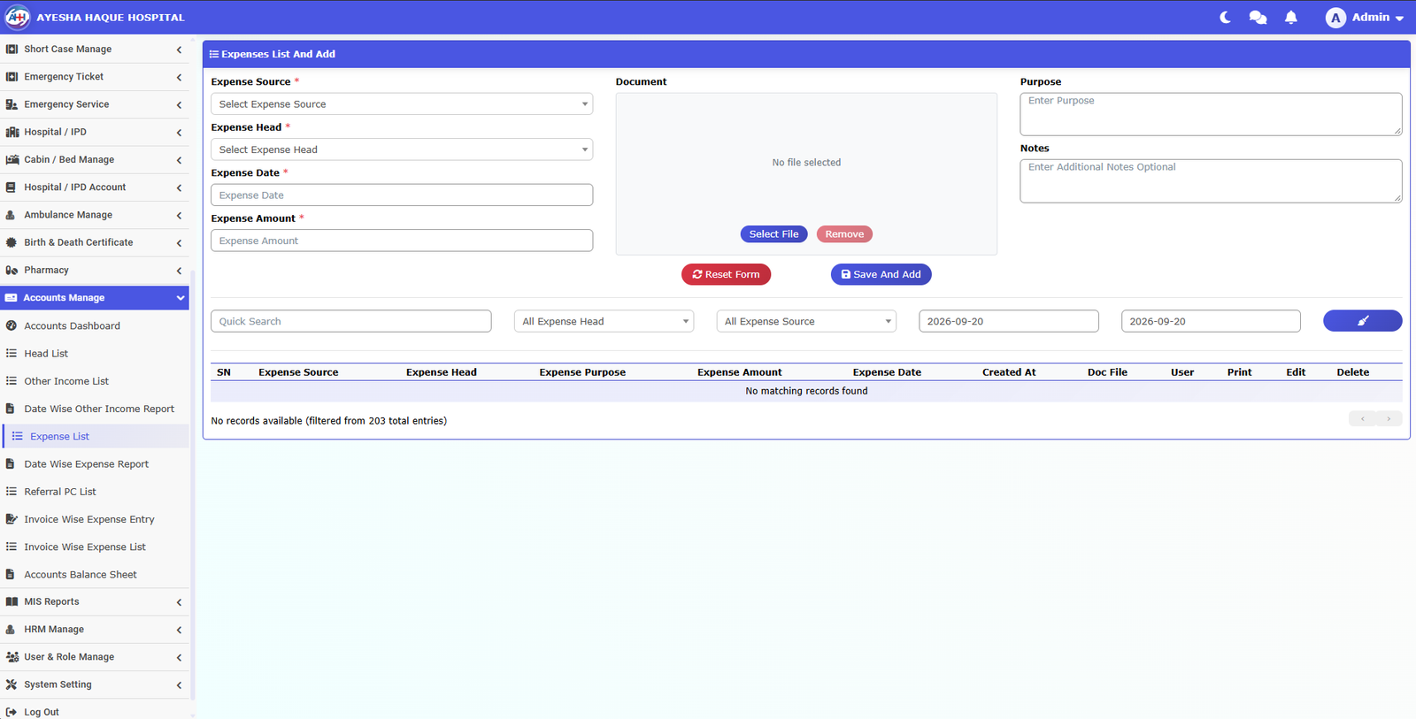 Expense management screen