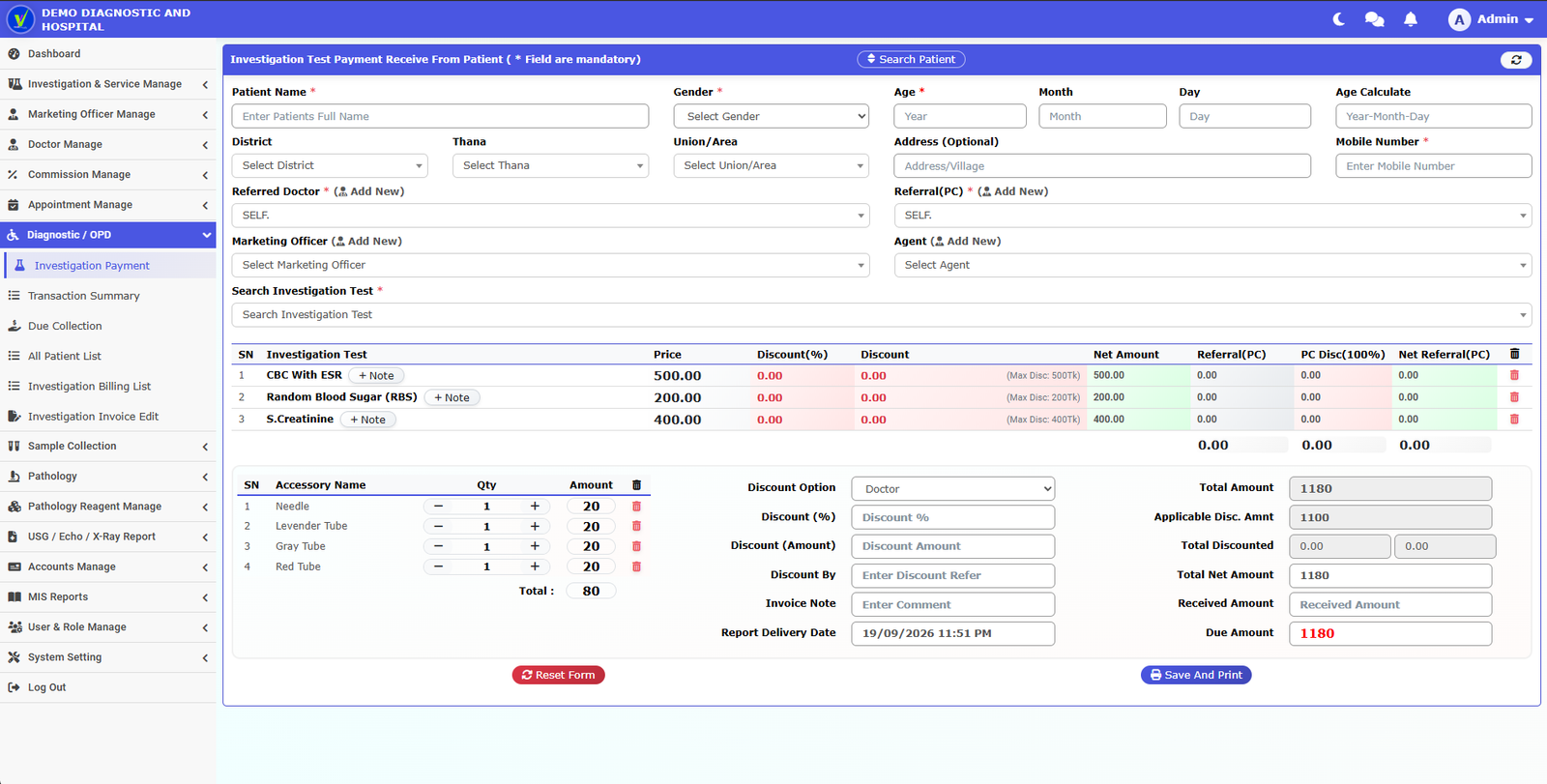 Investigation payment screen